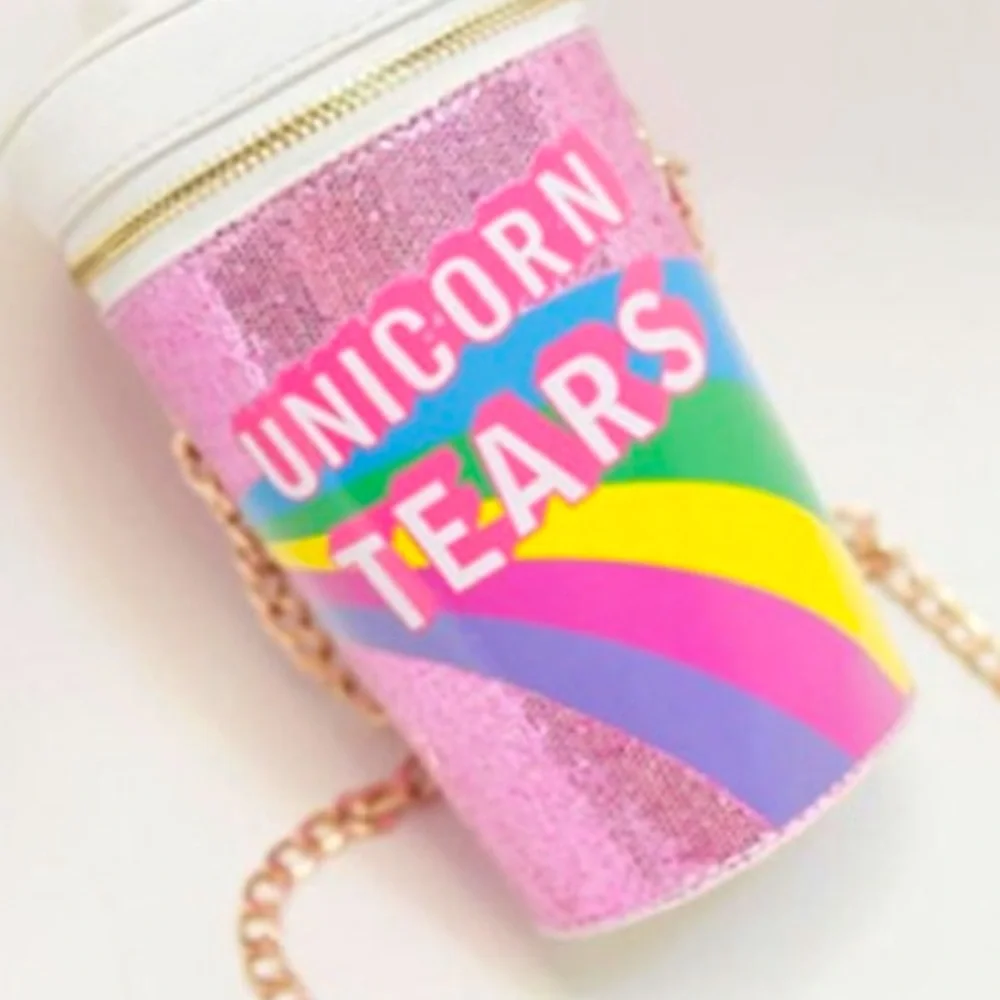 UNICORN TEARS On 🌈 Graphic Cup W/ Gold Chain & Straw Leather Crossbody Bag